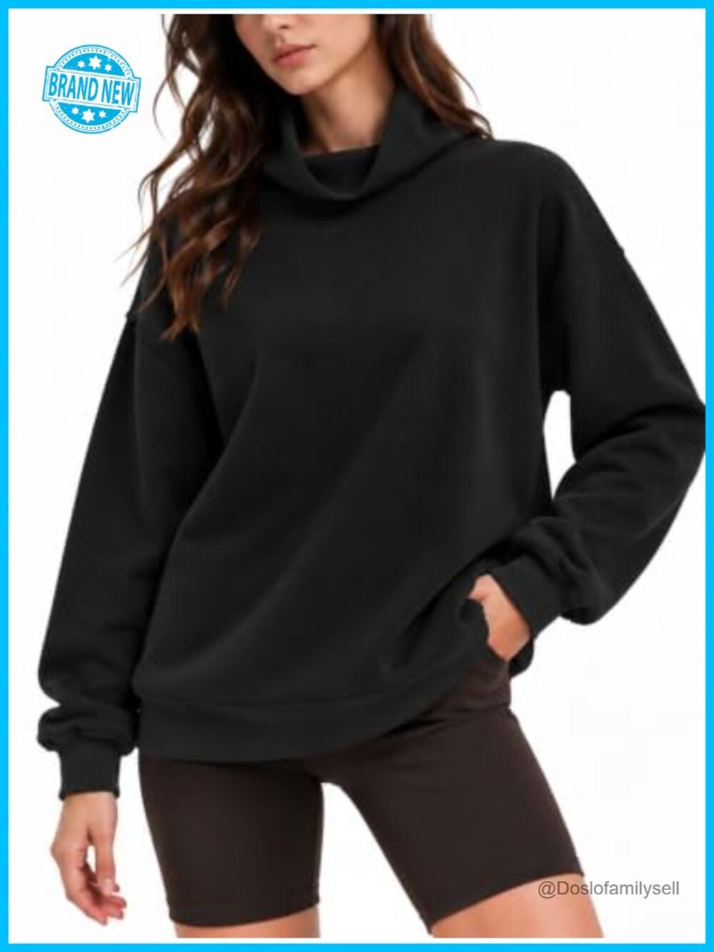 100% Cotton Fleece Lined Mock Neck Oversized Sweatshirt Pullover Pockets